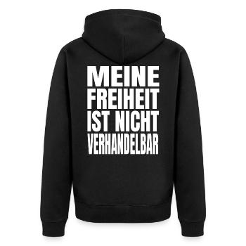 Meine Freiheit ist nicht verhandelbar - Unisex Premium Bio Zip Hoodie - Schwarz - Hinten - Nico (187cm)