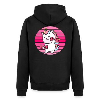 Muskel Einhorn Sonnenuntergang - Unisex Premium Bio Zip Hoodie - Schwarz - Hinten - Nico (187cm)