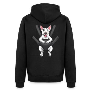 Miniature Bullterrier in Tragetasche - Unisex Premium Bio Zip Hoodie - Schwarz - Hinten - Nico (187cm)