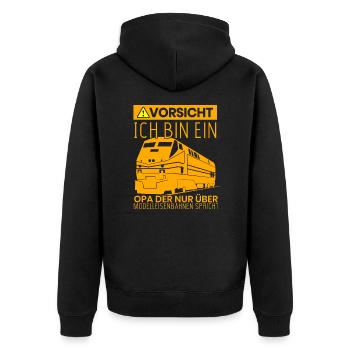 Opa der nur über Modelleisenbahn spricht - Unisex Premium Bio Zip Hoodie - Schwarz - Hinten - Nico (187cm)