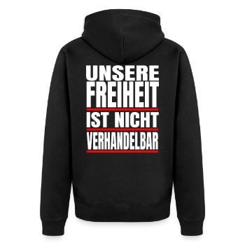 Unsere Freiheit ist nicht verhandelbar Protest - Unisex Premium Bio Zip Hoodie - Schwarz - Hinten - Nico (187cm)