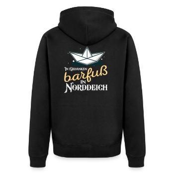 In Gedanken barfuß in Norddeich Nordsee Küste - Unisex Premium Bio Zip Hoodie - Schwarz - Hinten - Nico (187cm)