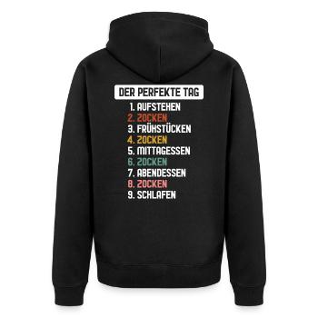 Mann Frau zocken Der Perfekte Tag Zocker Gamer - Unisex Premium Bio Zip Hoodie - Schwarz - Hinten - Nico (187cm)