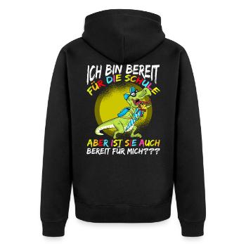 Schulkind Einschulung mit Dinosaurier - Unisex Premium Bio Zip Hoodie - Schwarz - Hinten - Nico (187cm)