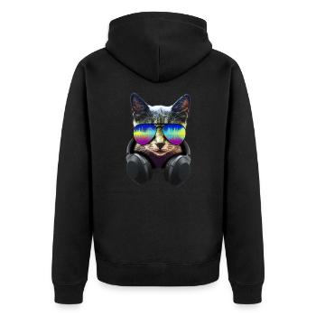 Katze mit Kopfhörer und cooler Sonnen Brille - Unisex Premium Bio Zip Hoodie - Schwarz - Hinten - Nico (187cm)