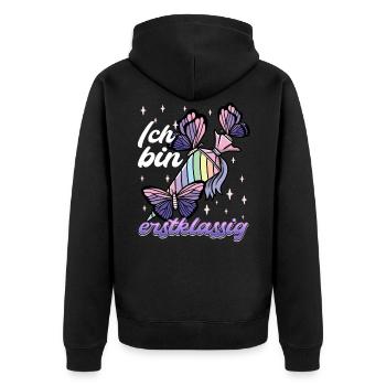Schulkind Mädchen Einschulung mit Schmetterling - Unisex Premium Bio Zip Hoodie - Schwarz - Hinten - Nico (187cm)