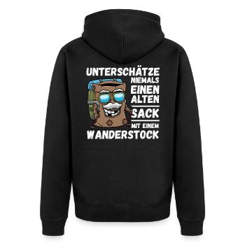 Alter Sack mit Wanderstock Wandern Bergsteiger - Unisex Premium Bio Zip Hoodie - Schwarz - Hinten - Nico (187cm)