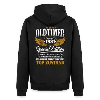 Oldtimer Baujahr 1981 Geburtsjahr Geburtstag - Unisex Premium Bio Zip Hoodie - Schwarz - Hinten - Nico (187cm)