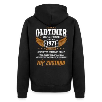 Oldtimer Baujahr 1971 geboren Geburtstag Spruch - Unisex Premium Bio Zip Hoodie - Schwarz - Hinten - Nico (187cm)