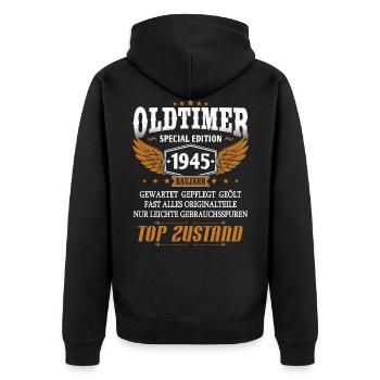 Oldtimer Baujahr 1945 geboren Geburtstag Spruch - Unisex Premium Bio Zip Hoodie - Schwarz - Hinten - Nico (187cm)