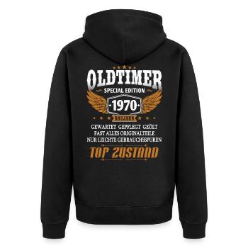 Oldtimer Baujahr 1970 geboren Geburtstag Spruch - Unisex Premium Bio Zip Hoodie - Schwarz - Hinten - Nico (187cm)