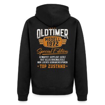 Oldtimer Baujahr 1972 geboren Geburtstagsspruch - Unisex Premium Bio Zip Hoodie - Schwarz - Hinten - Nico (187cm)