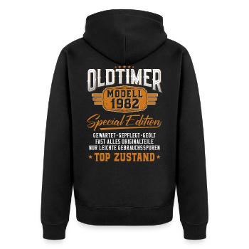 Oldtimer Baujahr 1982 geboren Geburtstagsspruch - Unisex Premium Bio Zip Hoodie - Schwarz - Hinten - Nico (187cm)