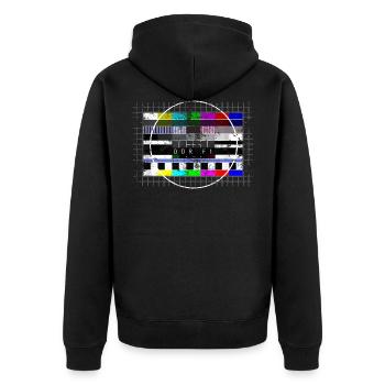 DDR Testbild Color used look - 80er Jahre - Unisex Premium Bio Zip Hoodie - Schwarz - Hinten - Nico (187cm)