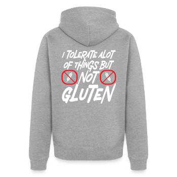Ich vertrage viele Dinge, aber kein Gluten - Unisex Premium Bio Zip Hoodie - Grau meliert - Hinten - Nico (187cm)
