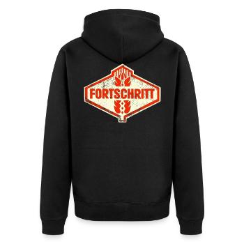 DDR FORTSCHRITT Retro Logo Ostalgie LPG - Unisex Premium Bio Zip Hoodie - Schwarz - Hinten - Nico (187cm)