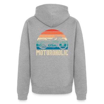 Motoroholic Motorrad Motorrad Automobil - Unisex Premium Bio Zip Hoodie - Grau meliert - Hinten - Nico (187cm)