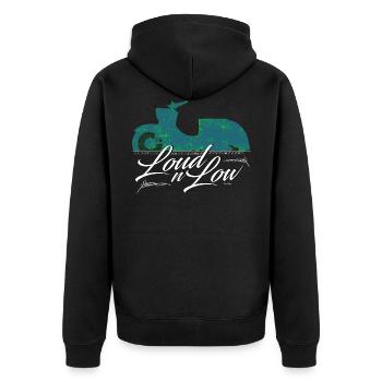 LOUD N LOW - Simson Schwalbe KR51 DDR DesignArt - - Unisex Premium Bio Zip Hoodie - Schwarz - Hinten - Nico (187cm)