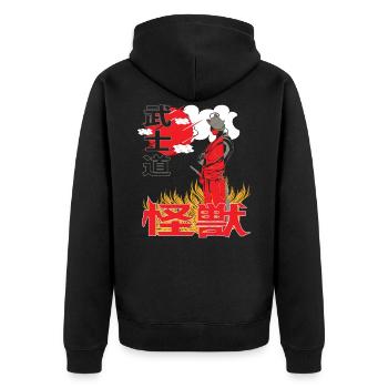 Ninja Artwork Sunset Japan Anime stil in Flammen - Unisex Premium Bio Zip Hoodie - Schwarz - Hinten - Nico (187cm)