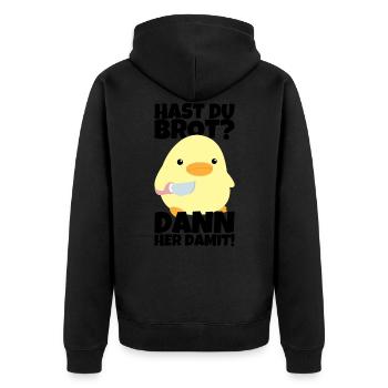 Hast du Brot? Ente mit Messer Meme Lustiger Spruch - Unisex Premium Bio Zip Hoodie - Schwarz - Hinten - Nico (187cm)