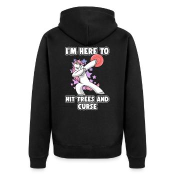 Dabbing Unicorn Disc Golf I'm Here To Hit Trees - Unisex Premium Organic Zip Hoodie - black - Back - Nico (187cm)