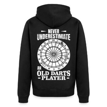 Never underestimate an old dart player - Unisex Premium Organic Zip Hoodie - black - Back - Nico (187cm)