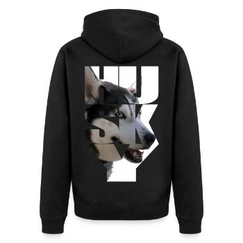 Motif husky vivant avec tête et texte - Veste à capuche bio Premium Unisexe - noir - Dos - Nico (187cm)