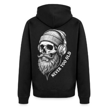 Jamais trop vieux – Crâne musical avec casque à barbe - Veste à capuche bio Premium Unisexe - noir - Dos - Nico (187cm)