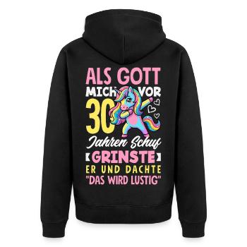 Vor 30 Jahren Schuf Gott Grinste Er - Unisex Premium Bio Zip Hoodie - Schwarz - Hinten - Nico (187cm)