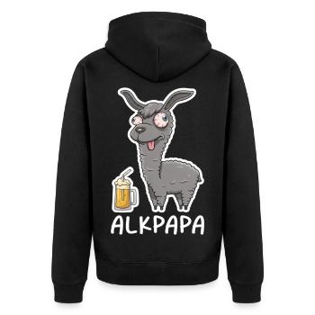 Alkpapa Alpaca with Beer Mug – Funny Saying - Unisex Premium Organic Zip Hoodie - black - Back - Nico (187cm)