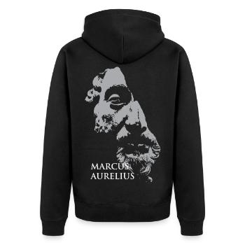 Marcus-Aurelius-Porträt in Grau - Unisex Premium Bio Zip Hoodie - Schwarz - Hinten - Nico (187cm)