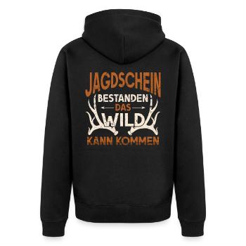 Jagen Jagdschein bestanden Wild kann kommen Jäger - Unisex Premium Bio Zip Hoodie - Schwarz - Hinten - Nico (187cm)