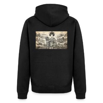 Geisha Ukiyo-e Fächer-Idylle - Unisex Premium Bio Zip Hoodie - Schwarz - Hinten - Nico (187cm)