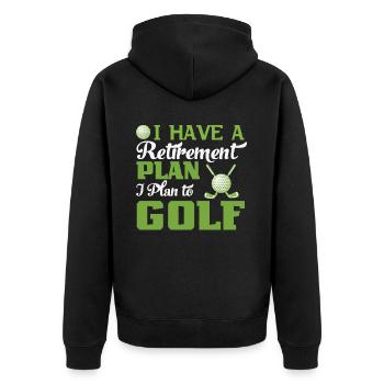 Ich habe einen Altersvorsorgeplan Ich plane, Golf zu spielen - Unisex Premium Bio Zip Hoodie - Schwarz - Hinten - Nico (187cm)