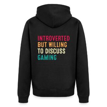 Introvertiert, aber bereit, über Gaming Retro zu diskutieren - Unisex Premium Bio Zip Hoodie - Schwarz - Hinten - Nico (187cm)