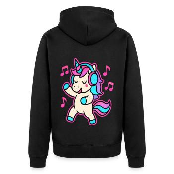 Tanzendes Einhorn mit Kopfhörern – Fun Music Vibes - Unisex Premium Bio Zip Hoodie - Schwarz - Hinten - Nico (187cm)