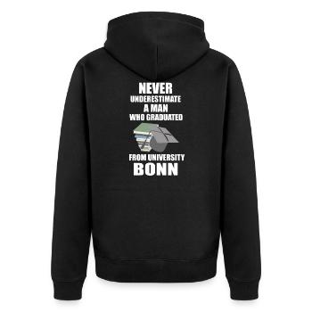 Never underestimate a man University Bonn (weiss) - Unisex Premium Bio Zip Hoodie - Schwarz - Hinten - Nico (187cm)