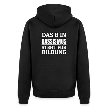 Menschenrechte schützen Gegen Hass und Rassismus - Unisex Premium Bio Zip Hoodie - Schwarz - Hinten - Nico (187cm)