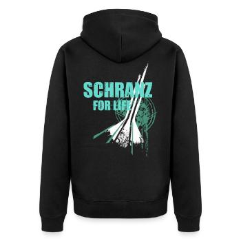 We love SCHRANZ music Partyshirt Club Motiv Dj - Unisex Premium Bio Zip Hoodie - Schwarz - Hinten - Nico (187cm)