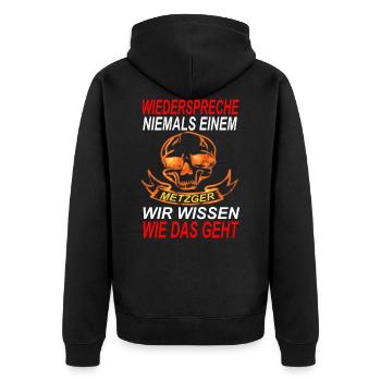 Metzger Totenkopf - Unisex Premium Bio Zip Hoodie - Schwarz - Hinten - Nico (187cm)