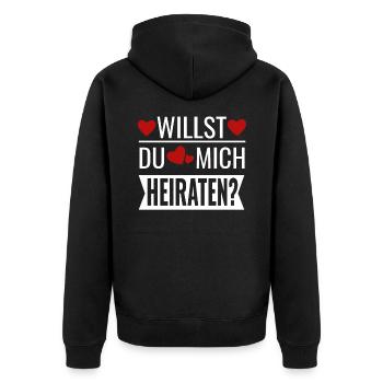 Willst du mich heiraten? Heiratsantrag - Verlobung - Unisex Premium Bio Zip Hoodie - Schwarz - Hinten - Nico (187cm)