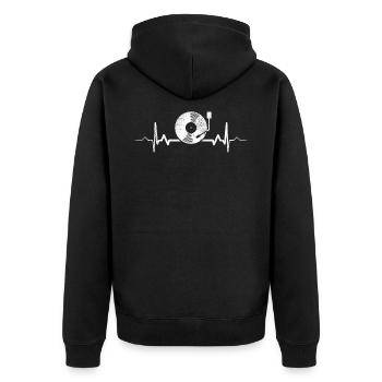 Vinyl Herzschlag - Vintag Retro Schallplatte DJ - Unisex Premium Bio Zip Hoodie - Schwarz - Hinten - Nico (187cm)