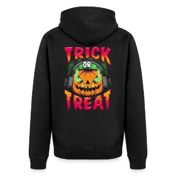 Evil Pumpkin with Trick or Treat headphones - Unisex Premium Organic Zip Hoodie - black - Back - Nico (187cm)