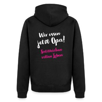 Wir essen jetzt Opa - Satzzeichen retten Leben - Unisex Premium Bio Zip Hoodie - Schwarz - Hinten - Nico (187cm)