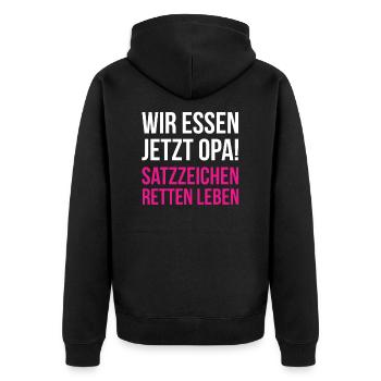 Wir essen jetzt Opa - Satzzeichen retten Leben - Unisex Premium Bio Zip Hoodie - Schwarz - Hinten - Nico (187cm)