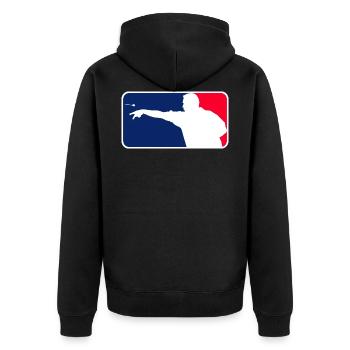 Darts League 🎯 - Unisex Premium Bio Zip Hoodie - Schwarz - Hinten - Nico (187cm)