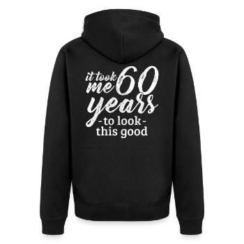 60e anniversaire disant cadeau drôle - Veste à capuche bio Premium Unisexe - noir - Dos - Nico (187cm)