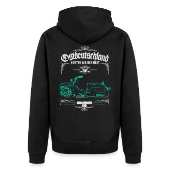 Ostmoped KR51 Custom T-Shirt DDR, IFA, VEB - Unisex Premium Bio Zip Hoodie - Schwarz - Hinten - Nico (187cm)
