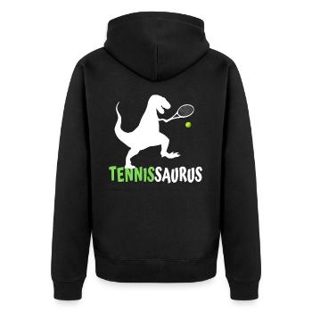 Tennissaurus Lustiges Kinder Dino Tennis Motiv - Unisex Premium Bio Zip Hoodie - Schwarz - Hinten - Nico (187cm)