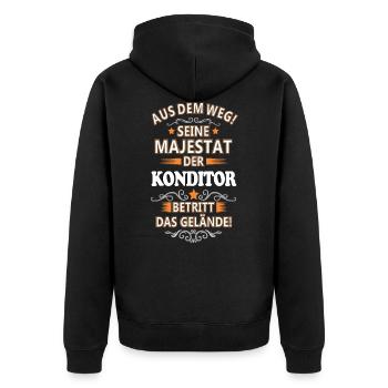 Seine Majestät der Konditor lustiges Spruch Motiv - Unisex Premium Bio Zip Hoodie - Schwarz - Hinten - Nico (187cm)